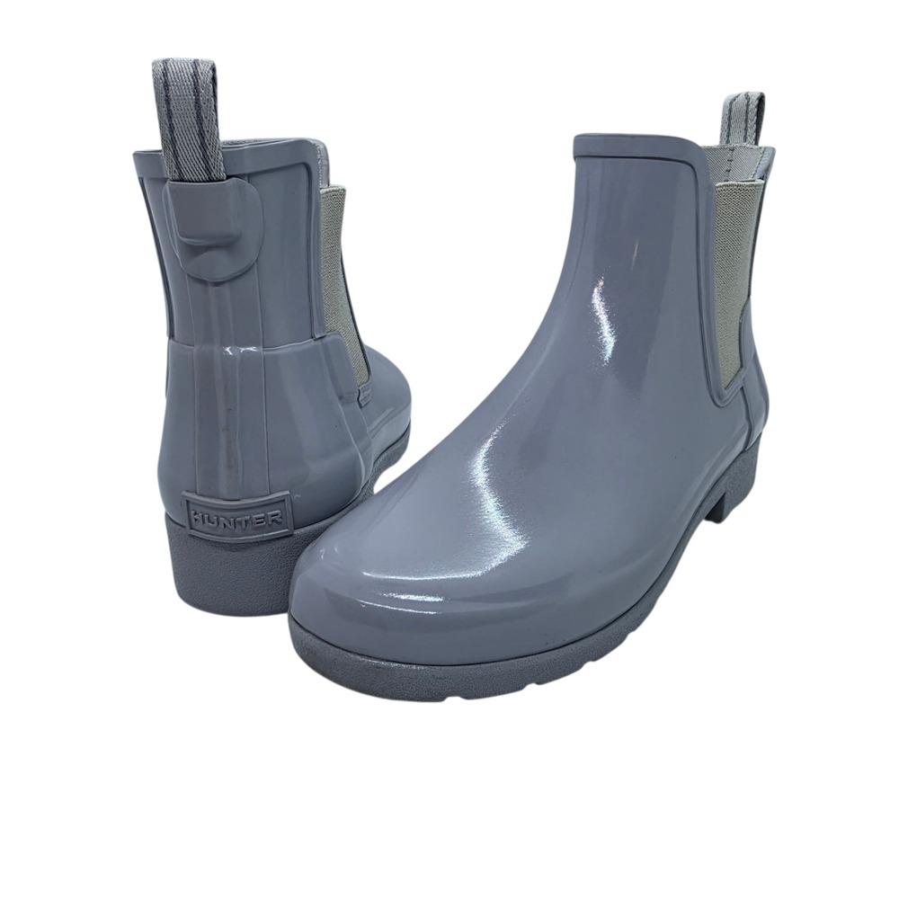 Hunter Original Refined Gloss Chelsea Boots Grey Waterproof Rain US 6 WFS1017RGL